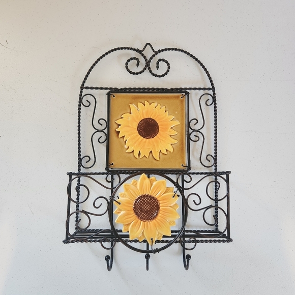 Vintage Sunflower Ceramic Tile Wire Hanging Shelf Organizer 90s 1990s Storage - Picture 1 of 10
